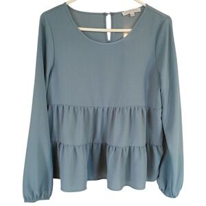 Olive and Oak Ruffled‎ Blouse Blue Green Boho Long Sleeve Womens Size Large